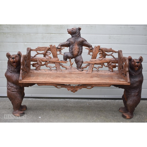 756 - A FINE 19TH CENTURY BAVARIAN CARVED LINDEN WOOD BLACK FOREST BEAR BENCH beautifully carved with bear... 