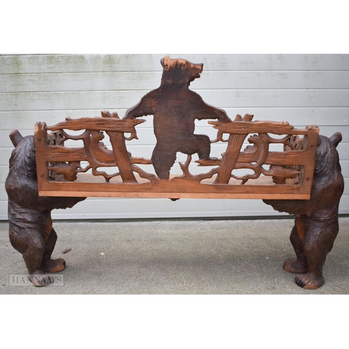 756 - A FINE 19TH CENTURY BAVARIAN CARVED LINDEN WOOD BLACK FOREST BEAR BENCH beautifully carved with bear... 