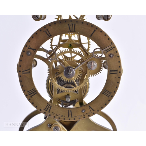 758 - AN ANTIQUE SKELETON CLOCK signed T Lees Middleton. 32 cm x 18 cm.