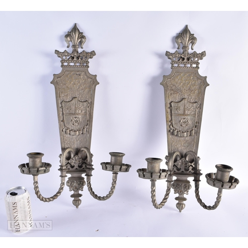 767 - A PAIR OF BRONZE ARMORIAL WALL SCONCES. 55 cm x 22 cm.