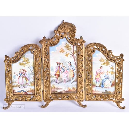 772 - A LATE 19TH CENTURY AUSTRIAN SWISS ENAMEL FRAME painted with figures in landscapes. 20 cm x 13 cm.