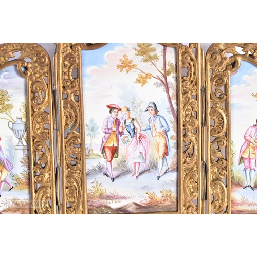 772 - A LATE 19TH CENTURY AUSTRIAN SWISS ENAMEL FRAME painted with figures in landscapes. 20 cm x 13 cm.