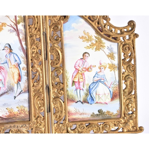 772 - A LATE 19TH CENTURY AUSTRIAN SWISS ENAMEL FRAME painted with figures in landscapes. 20 cm x 13 cm.