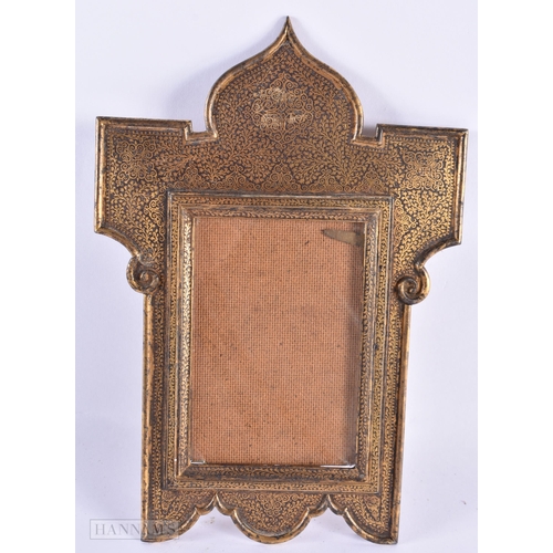 774 - A RARE 19TH CENTURY TURKISH OTTOMAN GOLD DAMASCANED IRON PHOTOGRAPH FRAME decorated with foliage. 22... 