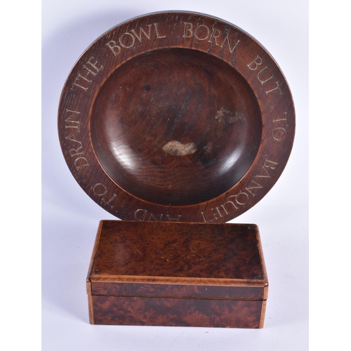 79 - AN EARLY 20TH CENTURY TREEN CARVED WOOD CIRCULAR BOWL together with a burr walnut Dunhill style ciga... 