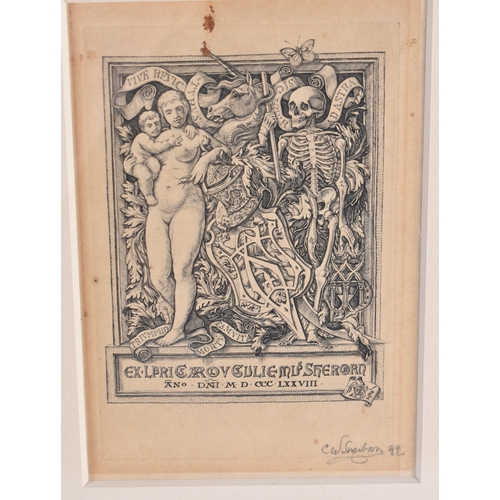 7 - Charles William Sherborn (1831-1912) Book illustration Etching, Signed, Nude female skeleton. 38 cm ... 