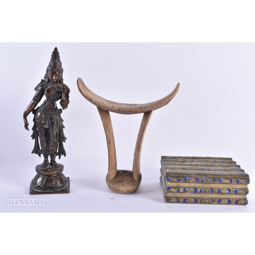 793 - AN ANTIQUE INDIAN BRONZE together with a Chinese enamelled brass box & an African tribal head rest. ... 