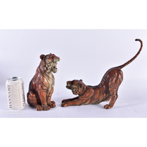 797 - A PAIR OF CONTINENTAL COLD PAINTED BRONZE TIGERS. 23 cm high.