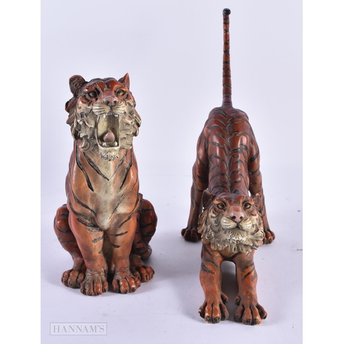 797 - A PAIR OF CONTINENTAL COLD PAINTED BRONZE TIGERS. 23 cm high.