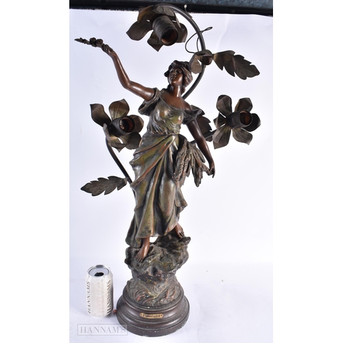 802 - AN ART NOUVEAU COLD PAINTED SPELTER FIGURAL LAMP. 70 cm high.