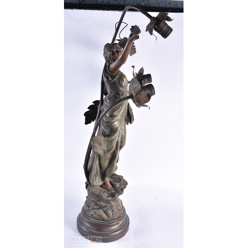 802 - AN ART NOUVEAU COLD PAINTED SPELTER FIGURAL LAMP. 70 cm high.