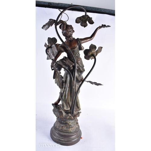 802 - AN ART NOUVEAU COLD PAINTED SPELTER FIGURAL LAMP. 70 cm high.