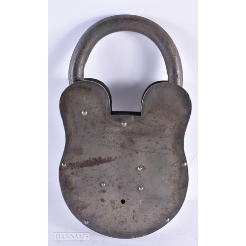 803 - A LARGE NOVELTY IRON PADLOCK with two keys. 36 cm x 22 cm. (3)