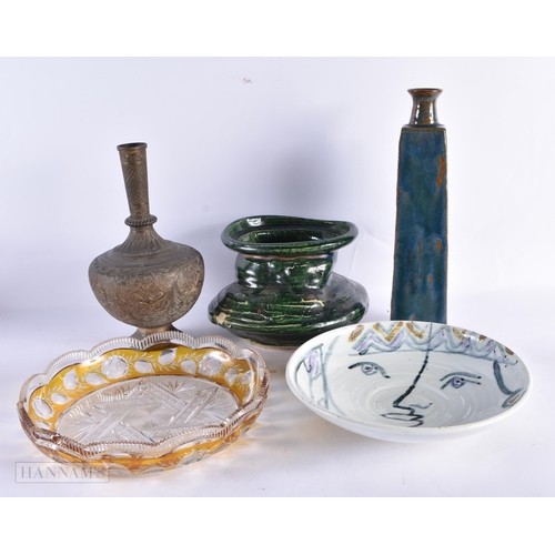 804 - STUDIO POTTERY together with a Bohemian bowl and a Persian vase. (5)