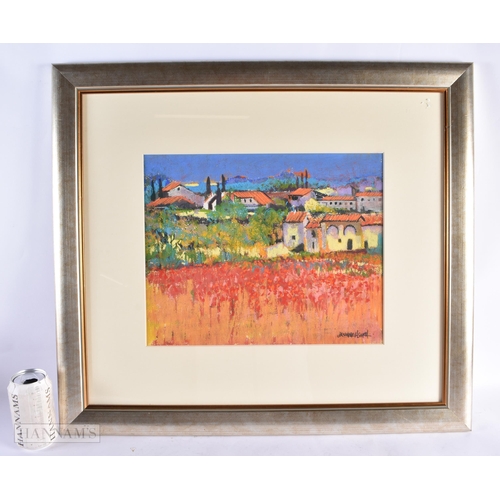 813 - Tony Brummel Smith (20th Century) Landscape pastel painting, Umbrian Village. 65 cm x 58 cm.