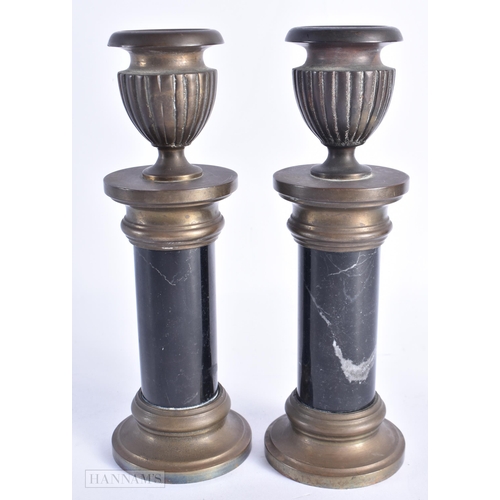 814 - A PAIR OF 19TH CENTURY GRAND TOUR BRONZE AND MARBLE CANDLESTICKS. 18 cm high.