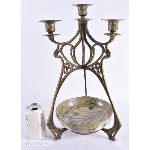 817 - A CONTINENTAL BRONZE AND CERAMIC CENTREPIECE decorated with stylised flowers. 42 cm high.