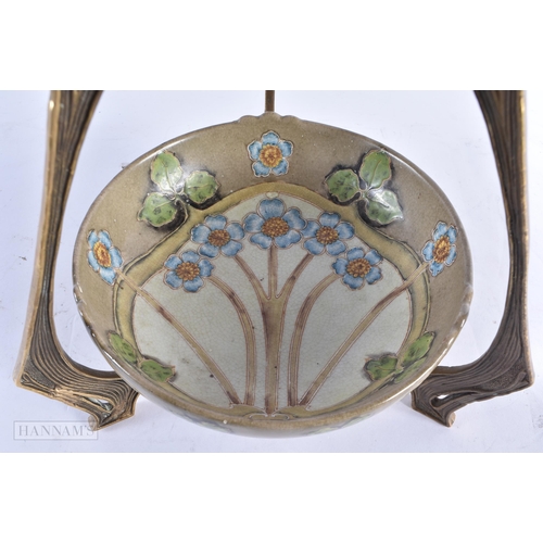 817 - A CONTINENTAL BRONZE AND CERAMIC CENTREPIECE decorated with stylised flowers. 42 cm high.