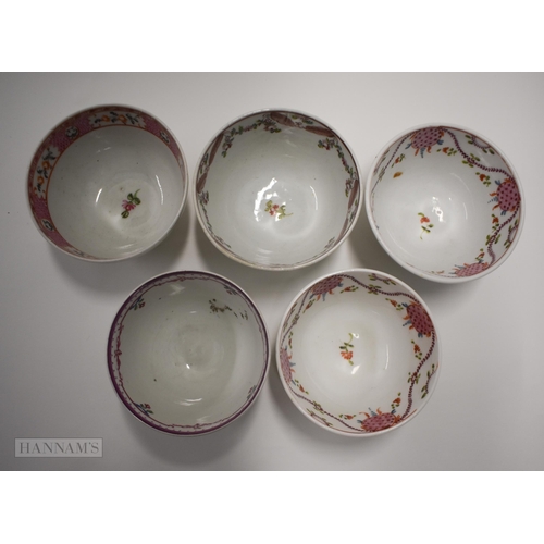 825 - 18th century New Hall style five good teabowls and saucers four patterns and a New Hall teapot, cove... 