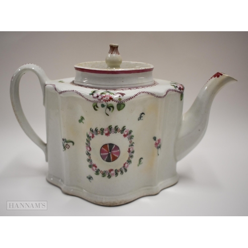 825 - 18th century New Hall style five good teabowls and saucers four patterns and a New Hall teapot, cove... 