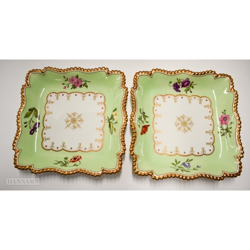 830 - Early 19th century Worcester Flight Barr and Barr pair of square gadroon bordered dishes painted wit... 