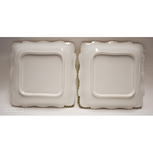 830 - Early 19th century Worcester Flight Barr and Barr pair of square gadroon bordered dishes painted wit... 