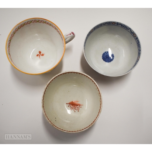 832 - Late 18th century teacup and saucer with shells, a teabowl and saucer with figures and a teabowl and... 