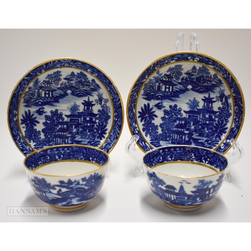 835 - 18th century Worcester pair of teabowls and saucer in the Bandstand pattern each piece marked with t... 