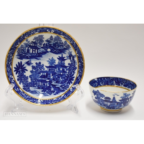 835 - 18th century Worcester pair of teabowls and saucer in the Bandstand pattern each piece marked with t... 