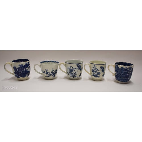 836 - 18th century four Worcester coffee cups, Worcester feather moulded workmans mark, two floral, cresc... 