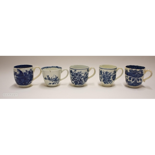 836 - 18th century four Worcester coffee cups, Worcester feather moulded workmans mark, two floral, cresc... 