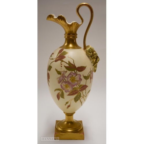 839 - Royal Worcester ewer with satyr mask handle painted with flowers on an ivory ground, indistinct puce... 