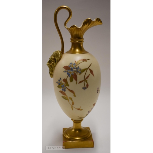 839 - Royal Worcester ewer with satyr mask handle painted with flowers on an ivory ground, indistinct puce... 