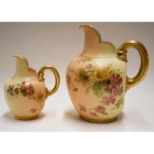 840 - Royal Worcester large jug with blush ivory ground painted with flowers and another of smaller size, ... 