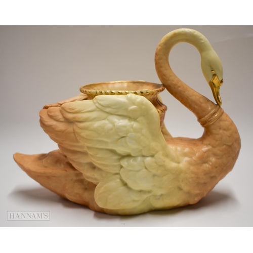 842 - Royal Worcester large blush ivory model of a swan holding a vase between its wings, puce mark, 1890... 