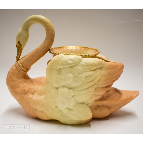 842 - Royal Worcester large blush ivory model of a swan holding a vase between its wings, puce mark, 1890... 