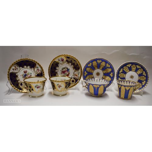 847 - Early 19th century two Chamberlains cups and saucers with gadroon border painted with flowers and t... 