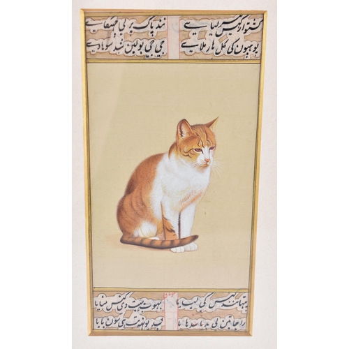 85 - A RARE PAIR OF EARLY 20TH CENTURY ISLAMIC PERSIAN ILLUMINATED MANUSCRIPTS painted with cats and call... 