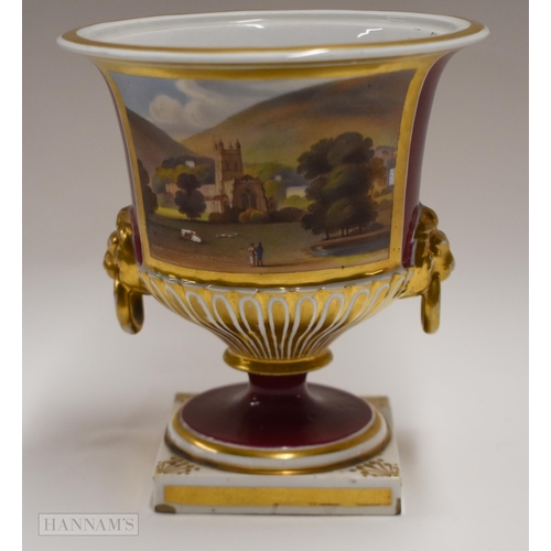 850 - Early 19th century Chamberlains Worcester pedestal vase with ring handles painted with a landscape ... 