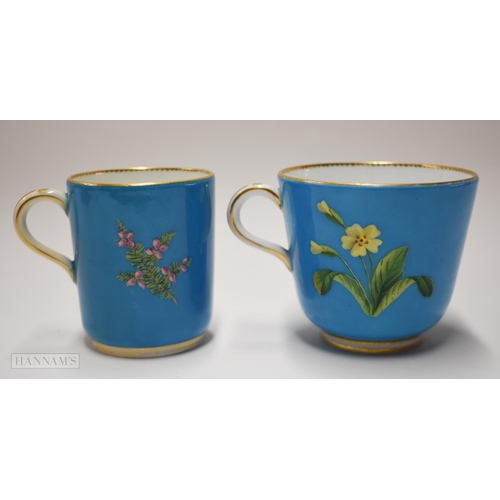 854 - Pre-1891 Minton teacup, coffee cup and saucer, the turquoise ground painted with flowers in raised e... 