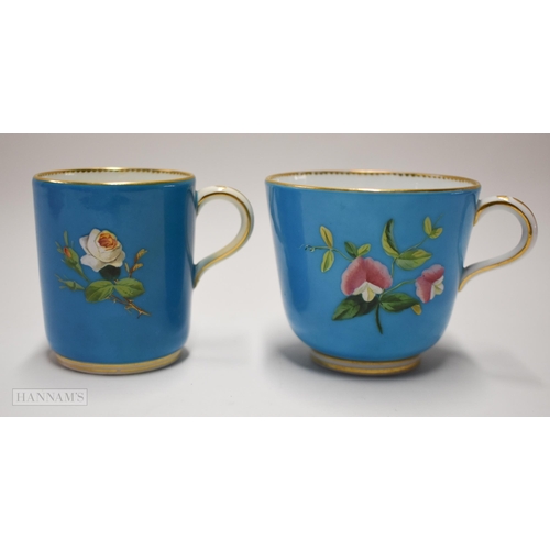 854 - Pre-1891 Minton teacup, coffee cup and saucer, the turquoise ground painted with flowers in raised e... 