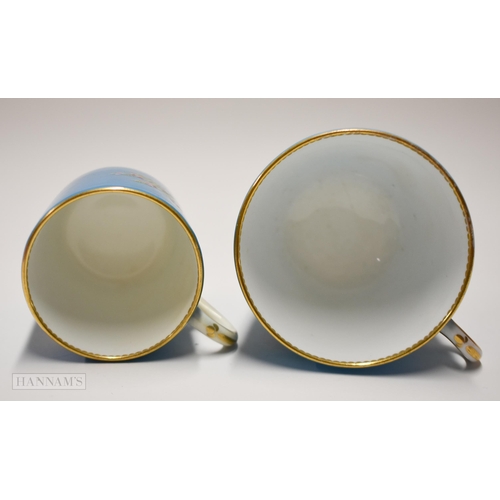 854 - Pre-1891 Minton teacup, coffee cup and saucer, the turquoise ground painted with flowers in raised e... 