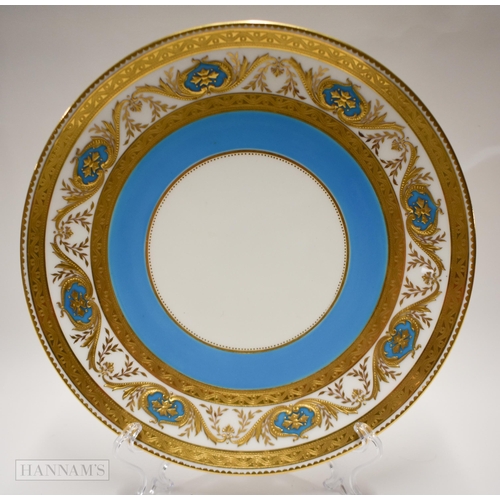 855 - Early 20th century superb Minton dinner plate with a turquoise border and a two acid etched gold bor... 