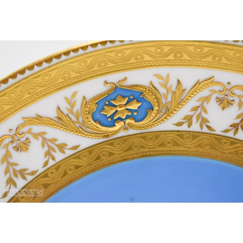 855 - Early 20th century superb Minton dinner plate with a turquoise border and a two acid etched gold bor... 