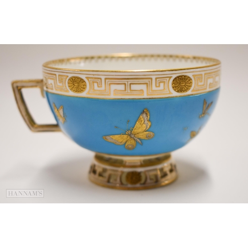 856 - Pre-1891 Minton teacup, the turquoise ground decorated in gold and platinum with wild plants and but... 