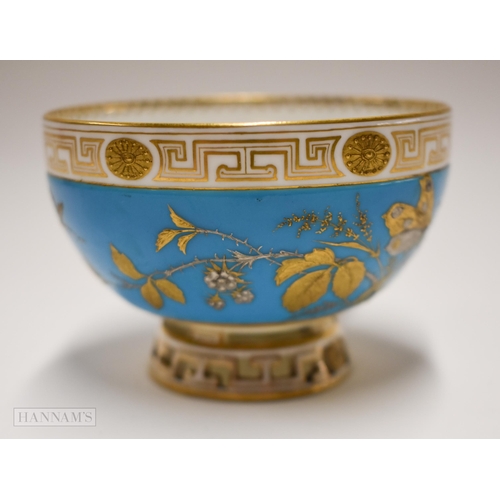 856 - Pre-1891 Minton teacup, the turquoise ground decorated in gold and platinum with wild plants and but... 