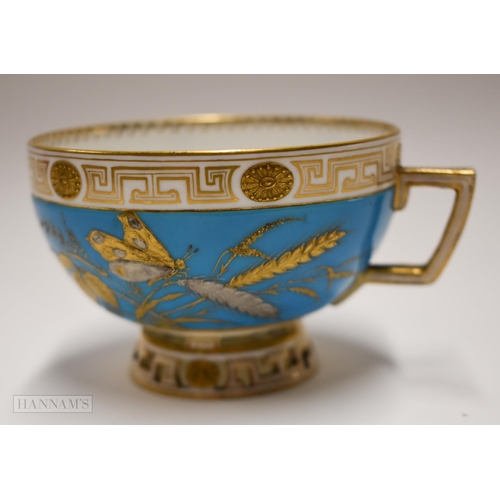 856 - Pre-1891 Minton teacup, the turquoise ground decorated in gold and platinum with wild plants and but... 