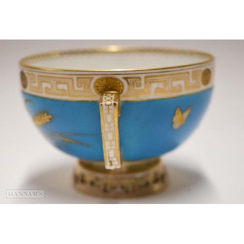 856 - Pre-1891 Minton teacup, the turquoise ground decorated in gold and platinum with wild plants and but... 