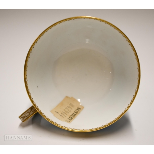 856 - Pre-1891 Minton teacup, the turquoise ground decorated in gold and platinum with wild plants and but... 