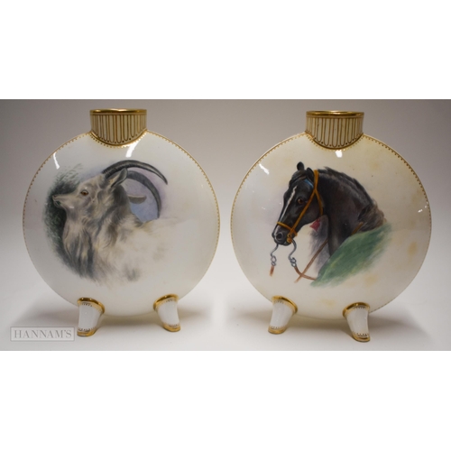 858 - Pre-1891 pair of moonflasks, each standing on four feet, one painted with a horse and the other with... 